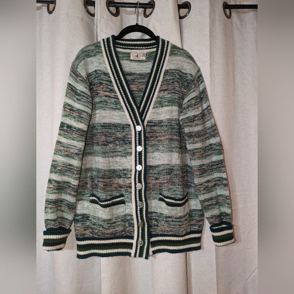 Vintage Greens White And Cream Button Up Knit 70s Cardigan Sweater